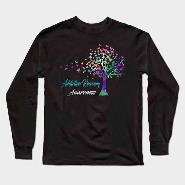 Tree Ribbons Addiction Recovery Awareness Support Addiction Recovery Warrior Gifts Long Sleeve T-Shirt by ThePassion99